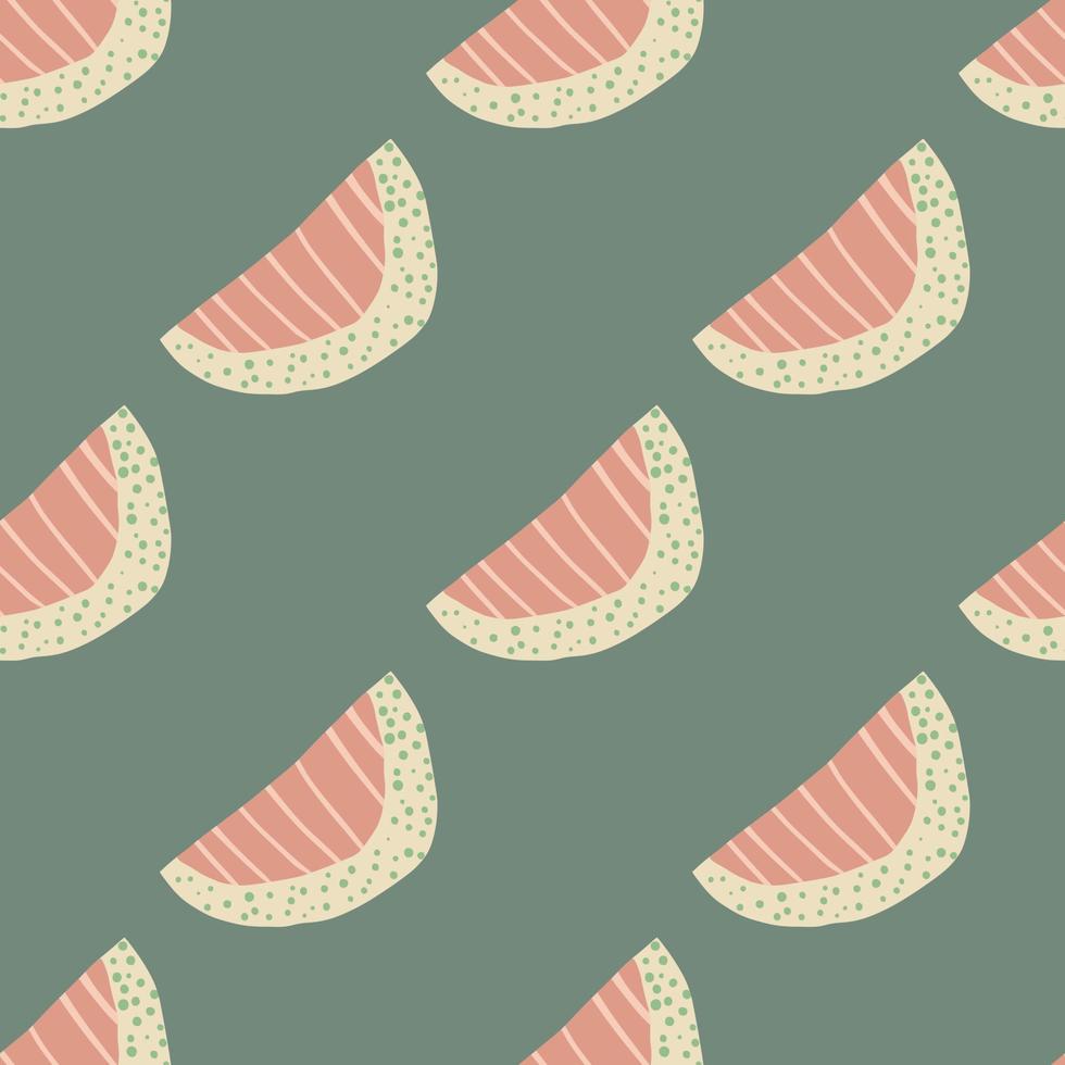 Seamless doodle pattern with abstract slices. Fruit silhouettes with pink stripped and white colors on grey background. vector