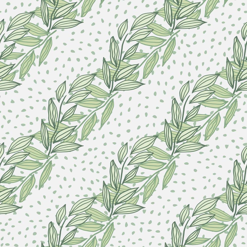 Pastel seamless herbal pattern with outline foliage abstract figures. White dotted background with green contoured leaves. vector
