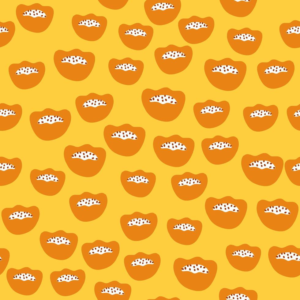 Scandinavian seamless pattern with random little orange abstract kids figures print. Yellow background. vector