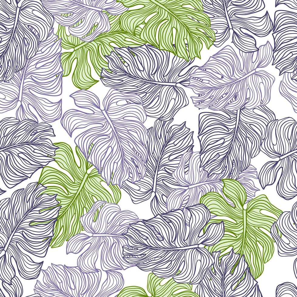 Purple and green contoured monstera outline shapes seamless pattern. Abstract tropic print. vector