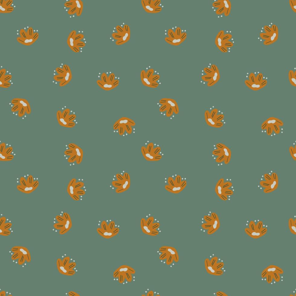 Abstract random little orange kids flowers silhouettes seamless pattern. Turquoise pale background. vector
