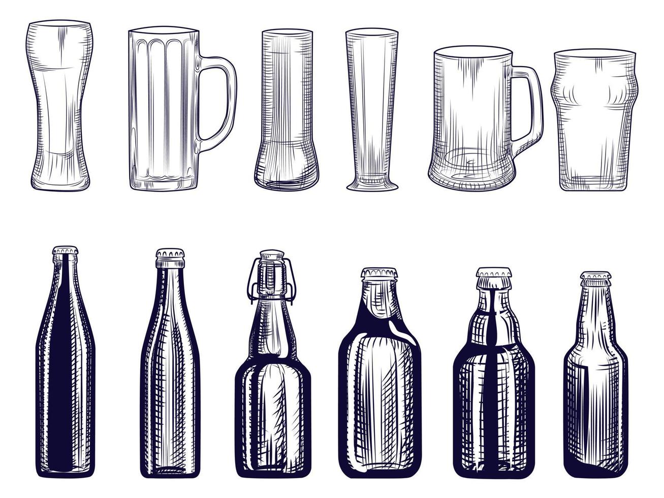 Set of beer bottles and mug. Different Beer glasses. Engraving style. vector