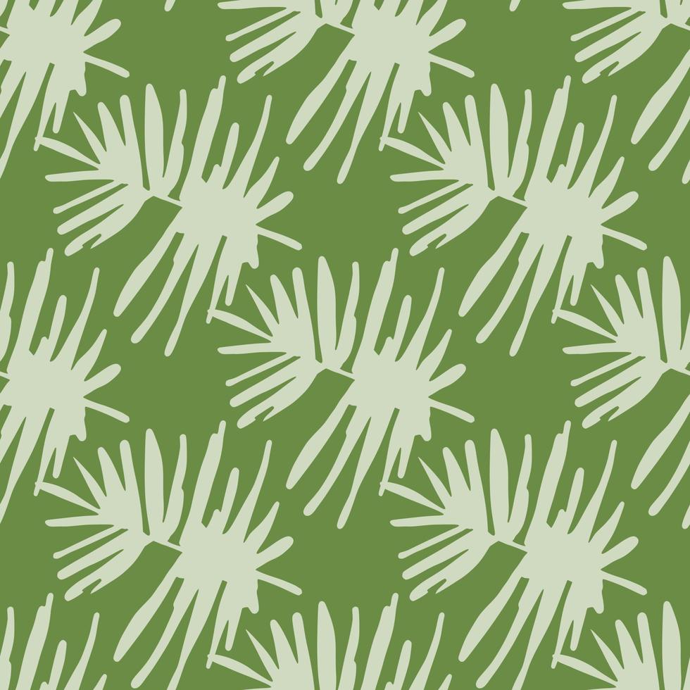 Hand drawn doodle seamless tropical leaf figures. Light pastel foliag on green background. Nature artwork. vector