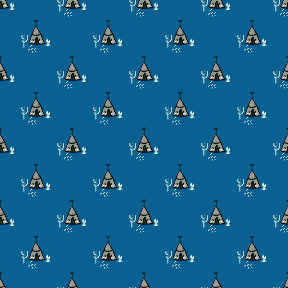 Little teepee ornament seamless pattern. Wigwam elements on bright blue background. Tribe style. vector