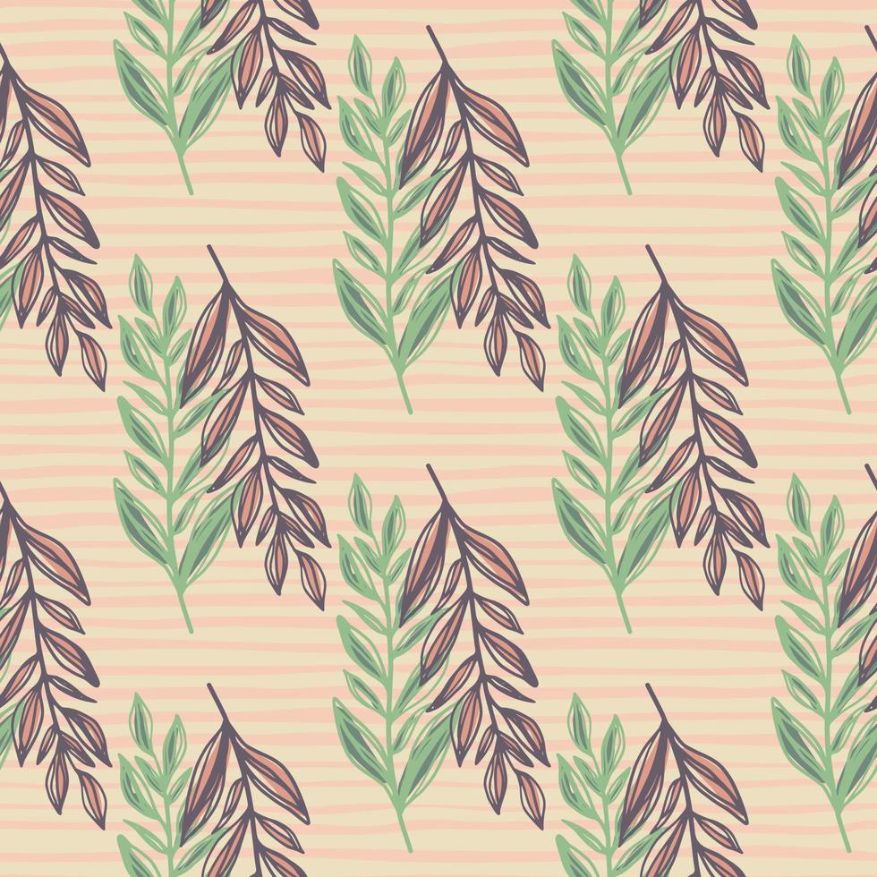 Simple herbal seamless pattern with purple and green branches. Foliage silhouettes on light stripped background. vector