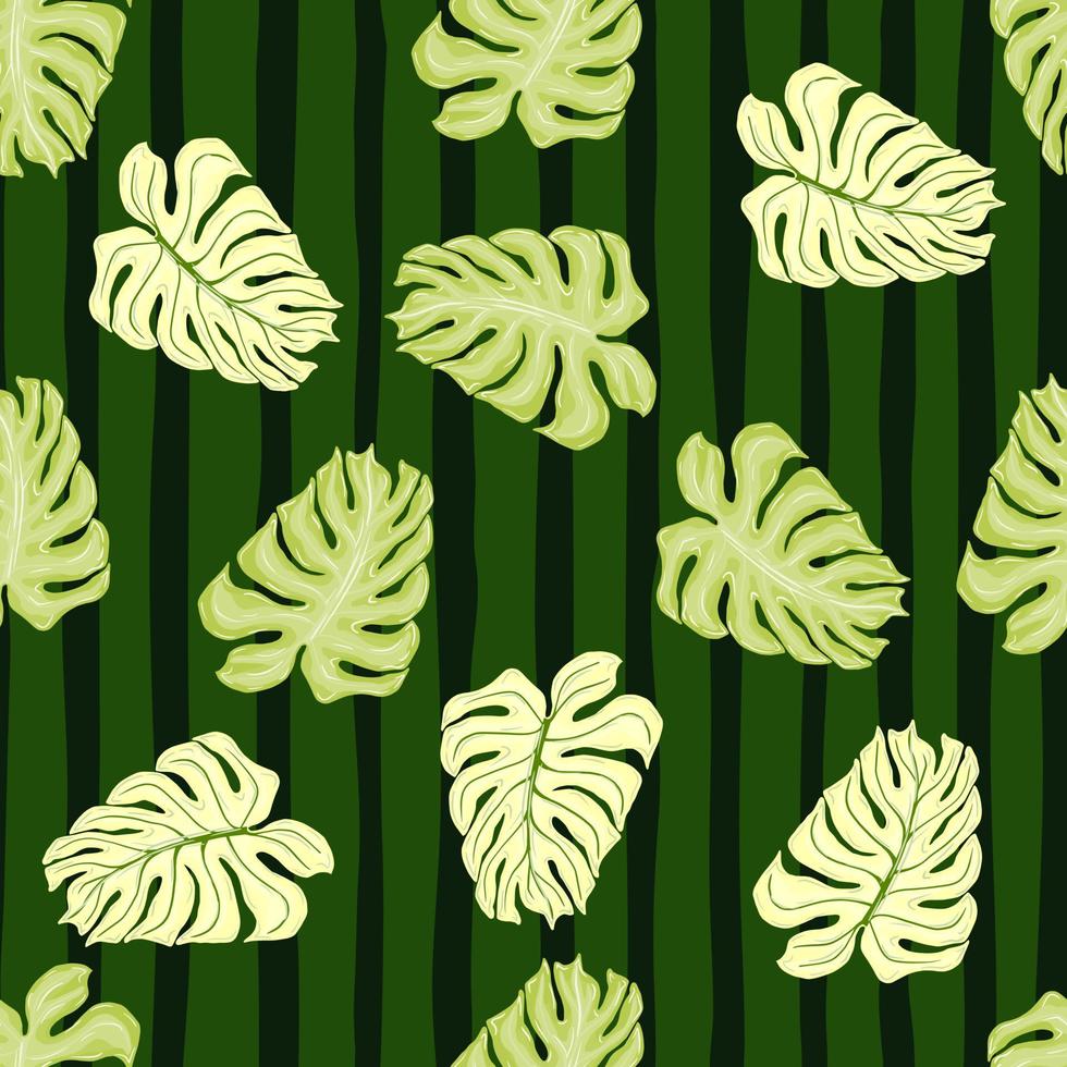 Random nature exotic seamless pattern with doodle monstera leaves print. Green striped background. vector