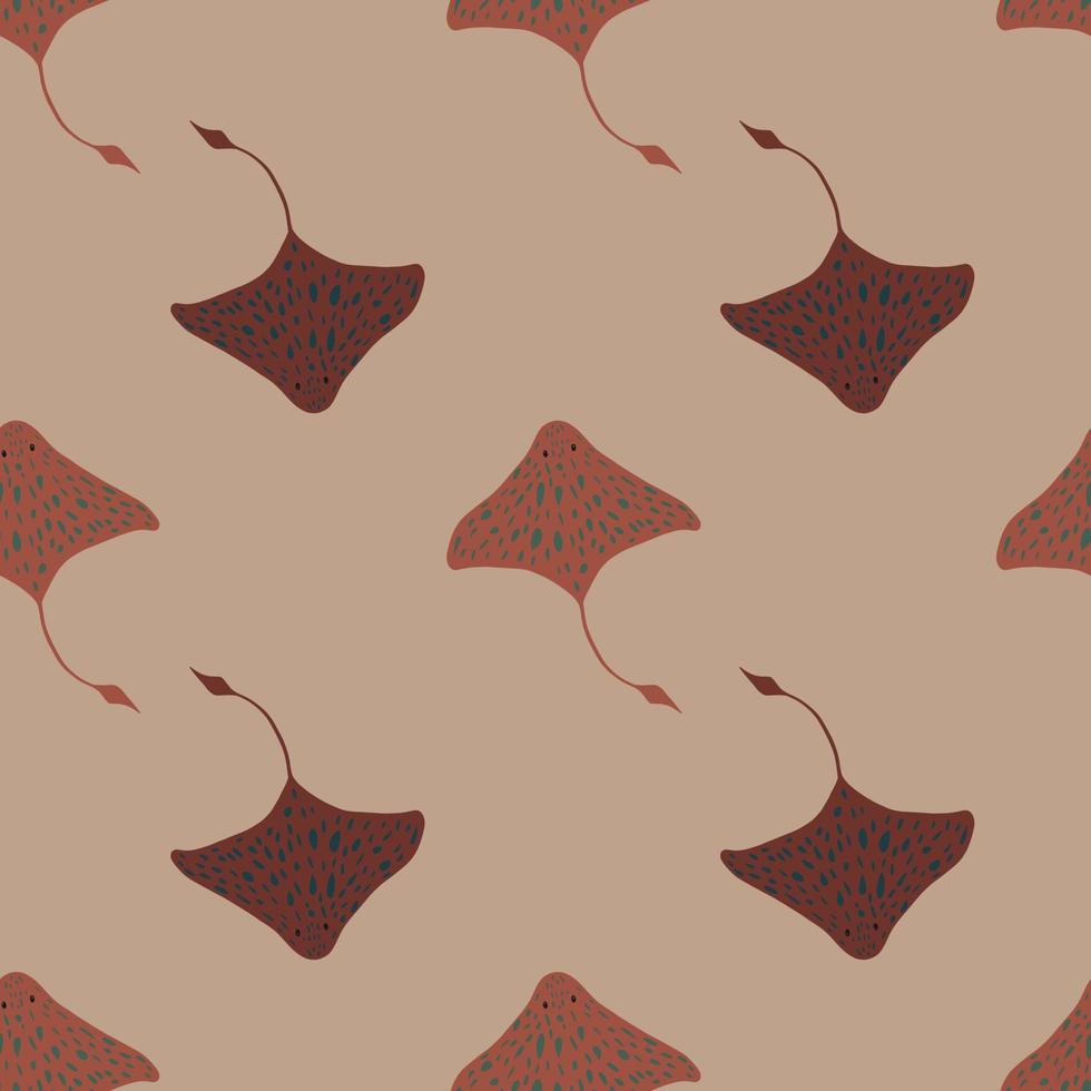 Pale tones marine fauna seamless pattern with stingray shapes print. Beige background. Maroon ornament. vector