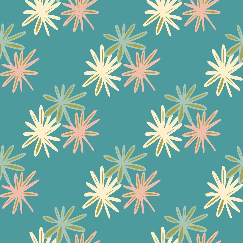 Abstract floral seamless pattern with daisy flowers. Turquoise background and pink, yellow and green botanic elements. vector
