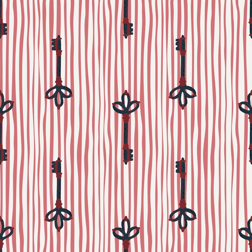 Dark tones key ornament seamless hand drawn pattern. Stylized vintage artwork in victorian stylistic. Pink and white stripped background. vector