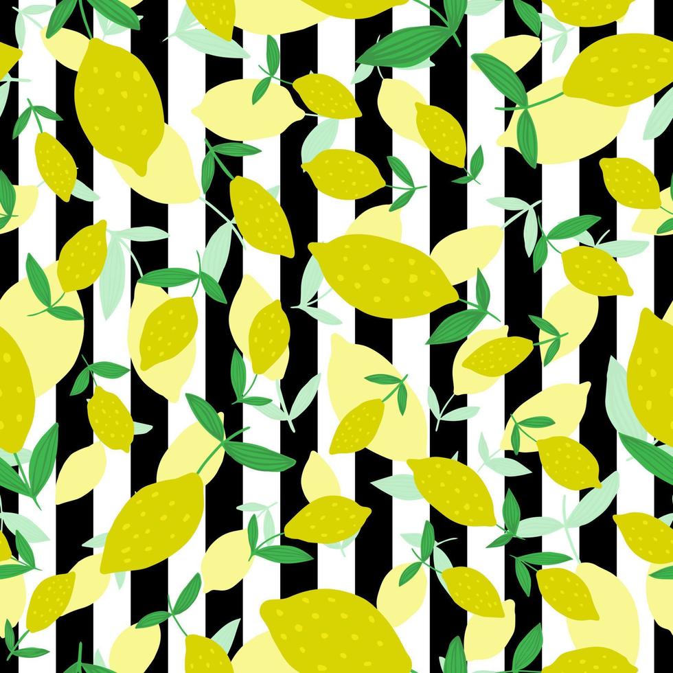 Lemon seamless pattern with leaves on stripes. Hand drawn vector