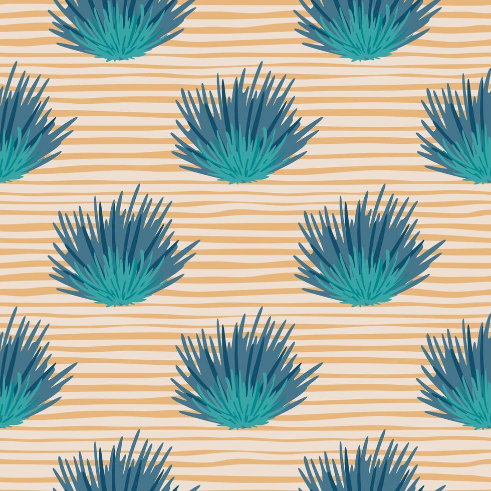 Seamless pattern with hand drawn bush silhouettes. Foliage shapes in blue and turquoise tones on stripped pastel orange background. vector