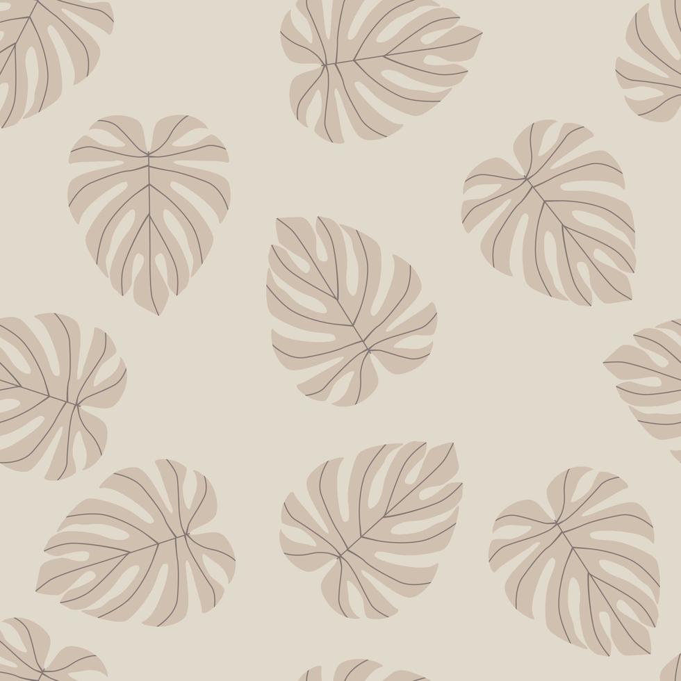 Minimalistic seamless pale pattern with random located monstera ornament. Pastel light exotic plants print. vector