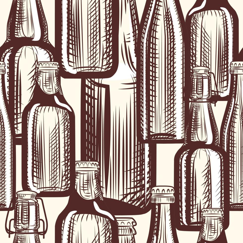 Full beer bottles seamless pattern. Engraving style backdrop. vector