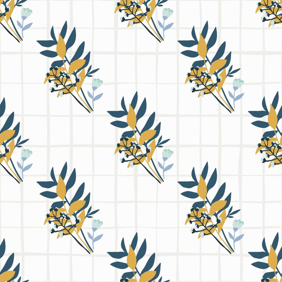 Simple floral seamless pattern with blue and orange colors forest bouquet. White background with check. vector