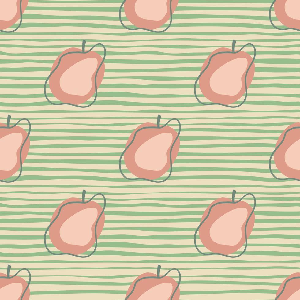 Pink apple contoured fruit seamless pattern in doodle style. Abstract organic food print. Green striped background. vector