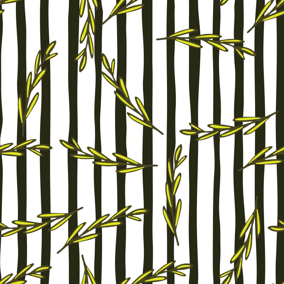 Outline yellow random leaf branches silhouettes seamless pattern. Black and white striped background. vector