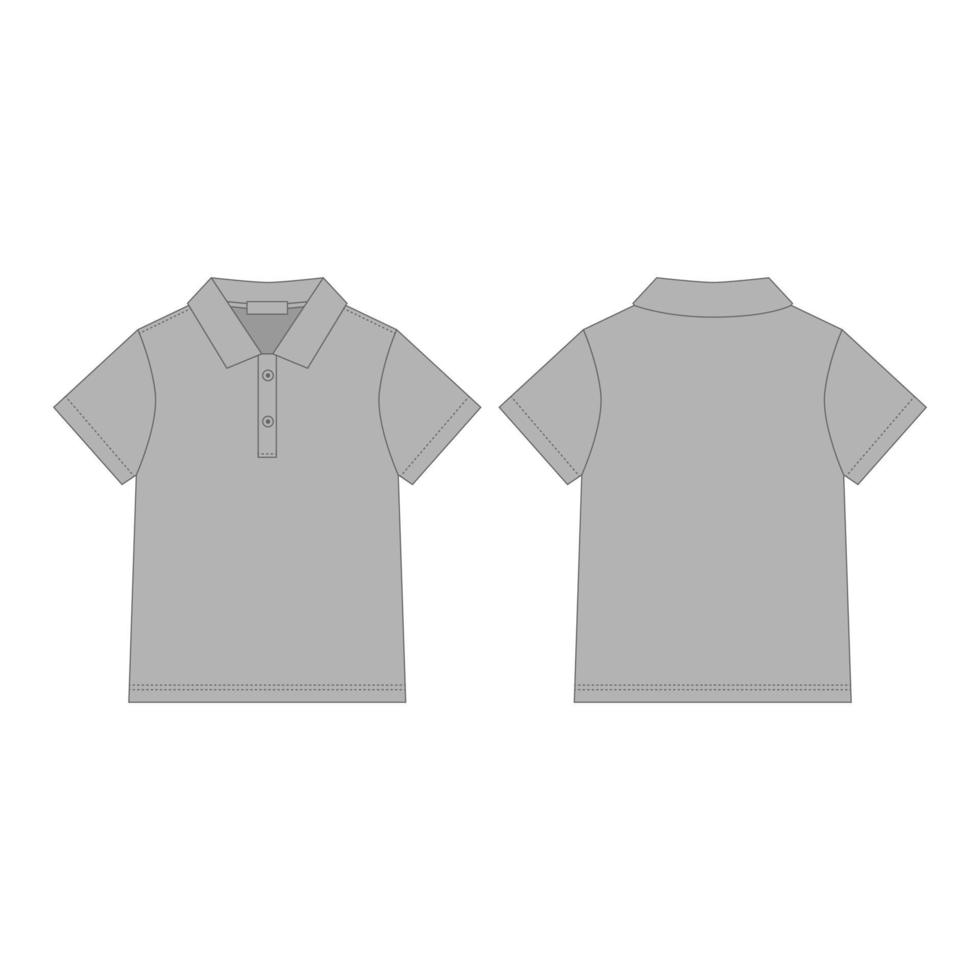Gray polo t-shirt isolated on white background. Front and back technical sketch kids clothes. vector
