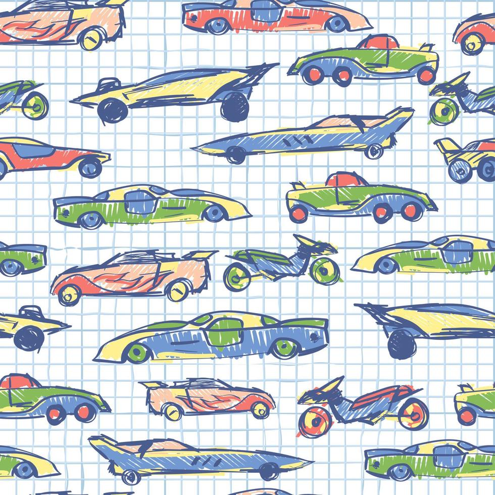 patrón abstracto sin fisuras con coche lindo dibujado a mano. colección escolar. ilustración vectorial de coches de dibujos animados. patrón de papel de cuaderno. perfecto para tela infantil, textil, papel tapiz de guardería vector