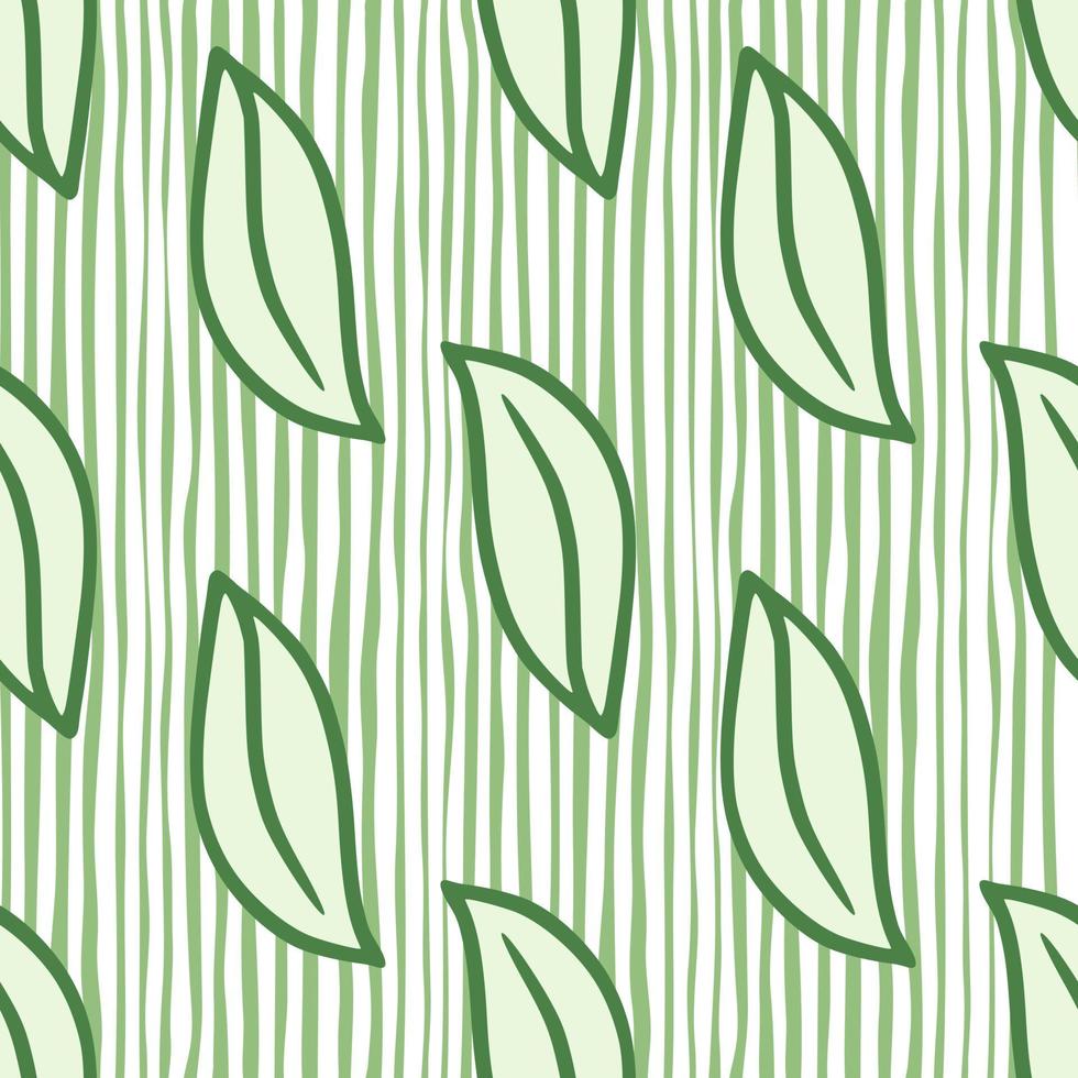 Hand drawn nature seamless abstract pattern with outline leaves elements. Striped green and white background. vector