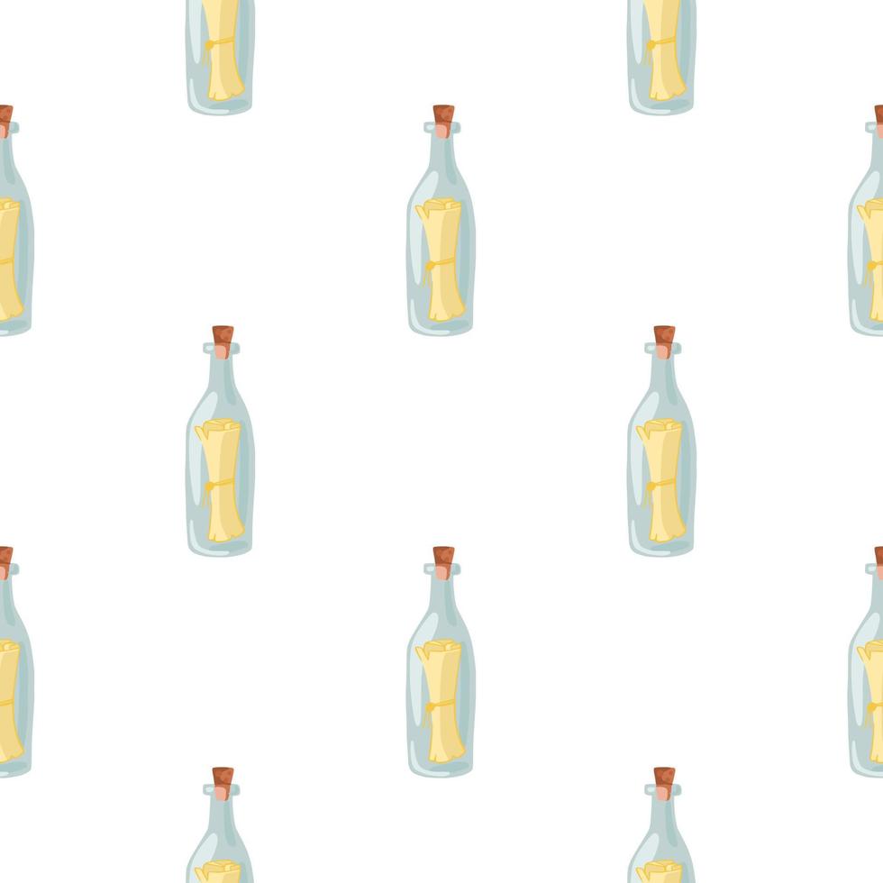 Marine style seamless pattern with hand drawn glass bottle with message print. White background. Isolated print. vector