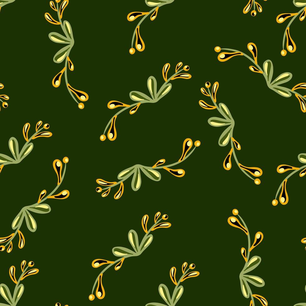 Random seamless pattern with botanic floral branches elements. Dark green olive background. vector