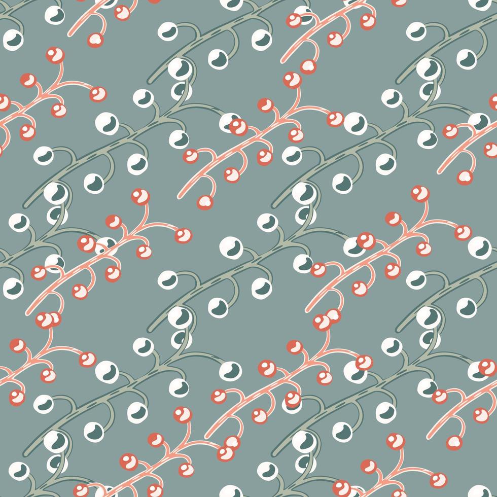 Hand drawn seamless pattern with pink colored berry branches shapes. Grey background. Nature print. vector