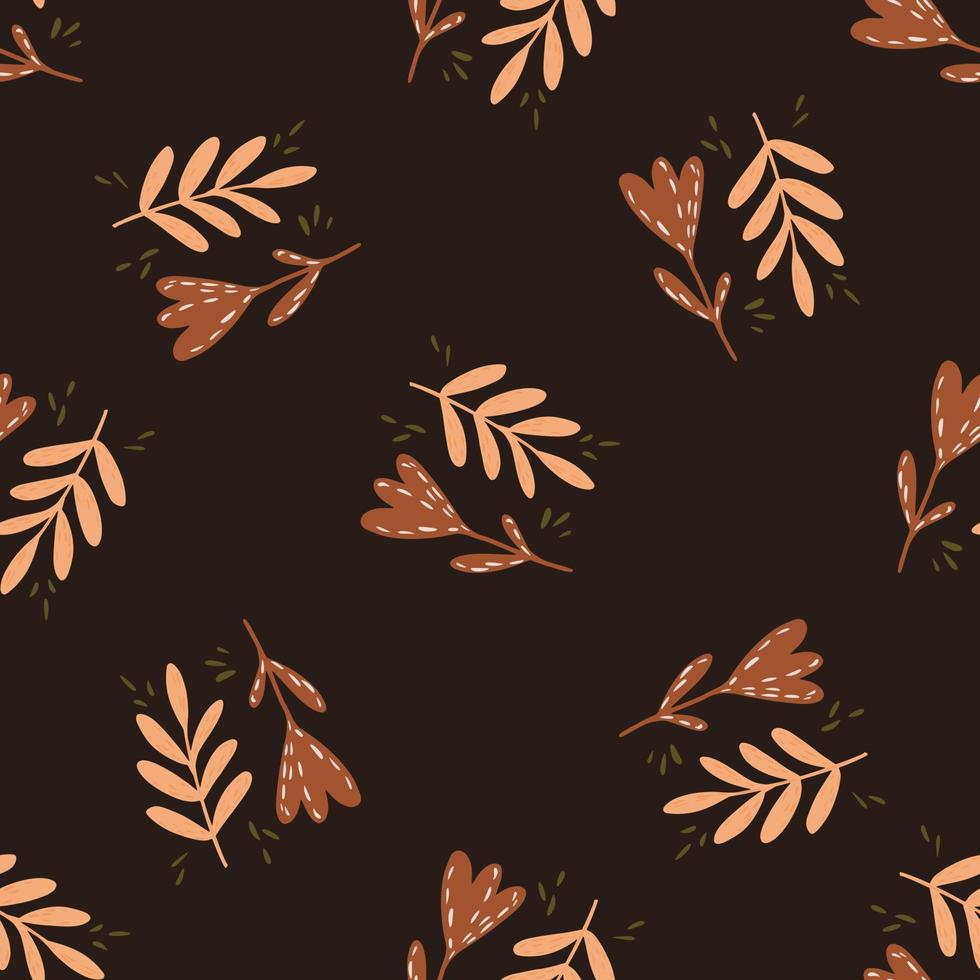 patrón de caída sin costuras con ramas decorativas y flores sobre fondo marrón oscuro. vector