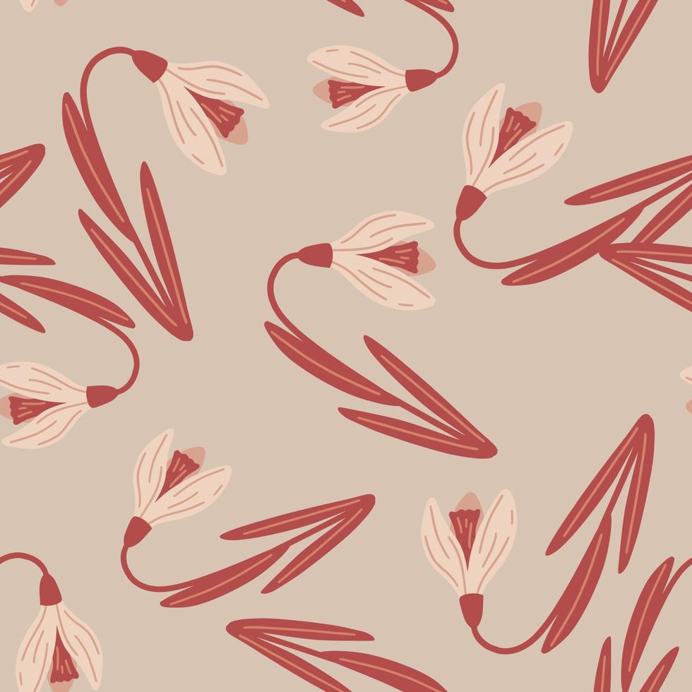 patrón de garabato sin costuras de flor de galanthus al azar rojo. estampado floral decorativo sobre fondo gris. vector