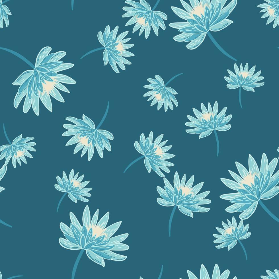 Random seamless pattern with blue palette chrysanthemum flowers ornament. Doodle nature backdrop. vector