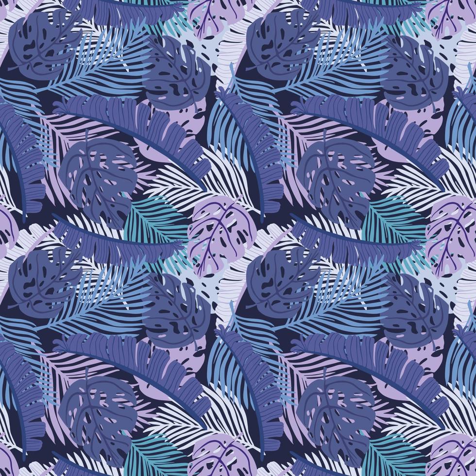 Tropical seamless pattern on dark background. Abstract texture decoration with leaf monstera, palm and banana in blue and purple. Fashion of summer nature jungle for print. vector