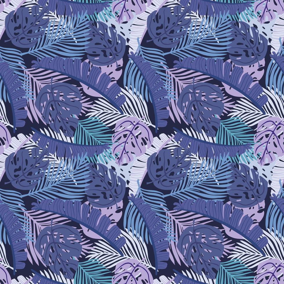 patrón transparente tropical sobre fondo oscuro. decoración de textura abstracta con hoja de monstera, palma y plátano en azul y violeta. moda de la jungla natural de verano para imprimir. vector