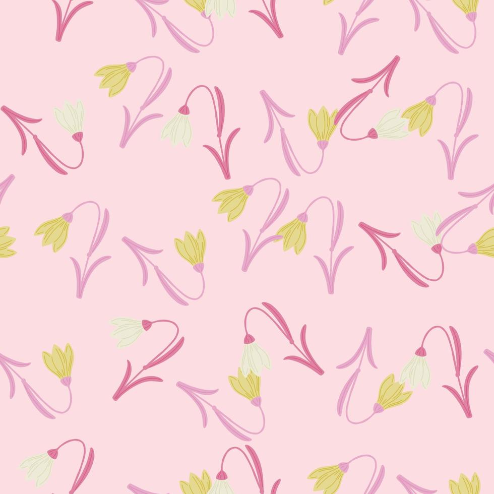 Creative spring seamless pattern with doodle bluebell elements. Pink pastel background. Floral backdrop. vector
