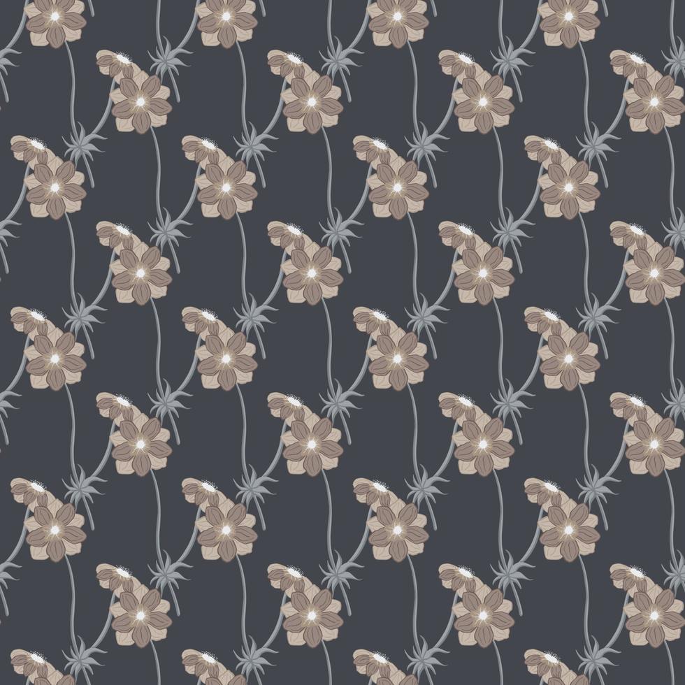 Beige colored little anemone flower abstract seamless pattern. Dark navy blue background. Simple print. vector