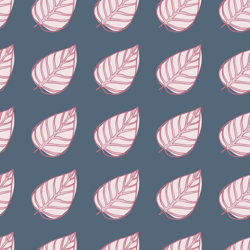 Pink contoured white leaves seamless doodle pattern. Hand drawn foliage ornament on pale navy blue background. vector