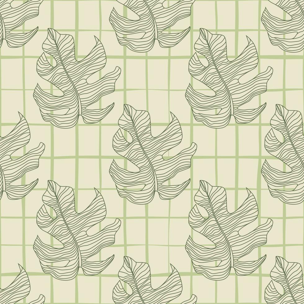 Pale seamless botanic pattern with monstera outline ornament. Chequered background. Tropical stylized artwork. vector