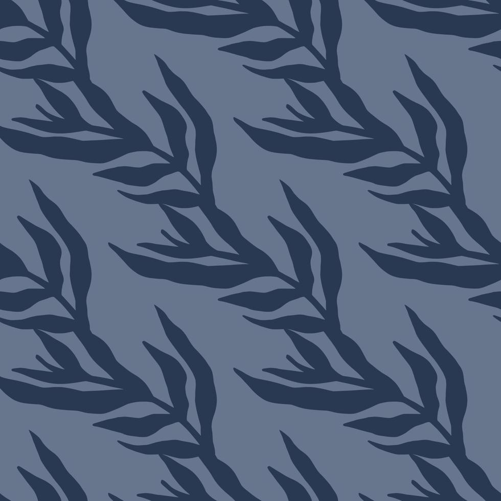 Abstract jungle plants silhouette leaves seamless pattern in blue colors. Geometric tropical leaf wallpaper. vector