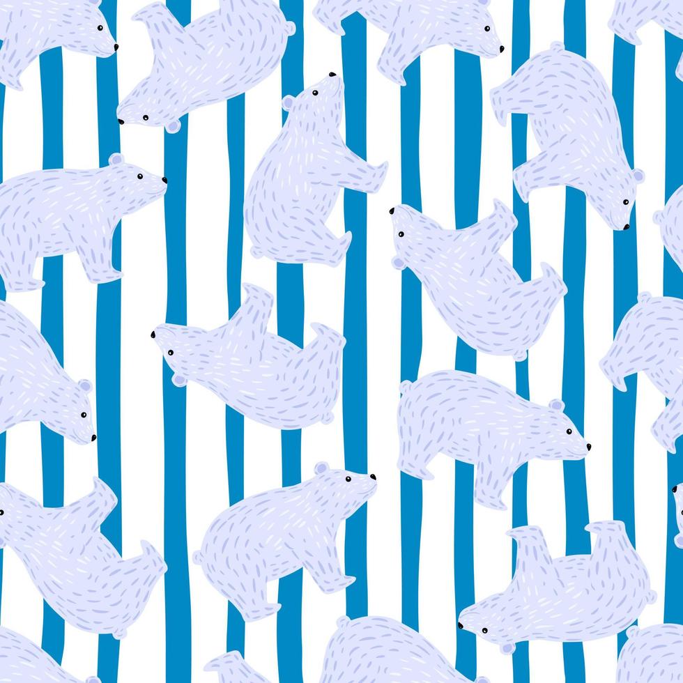 Abstract random seamless pattern with simple polar bear silhouettes ornament. Striped blue background. vector