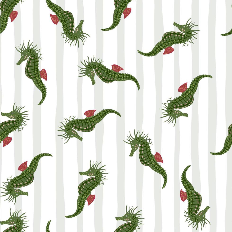 Random seamless pattern with green seahorse simple silhouettes. Green shapes on striped background. vector