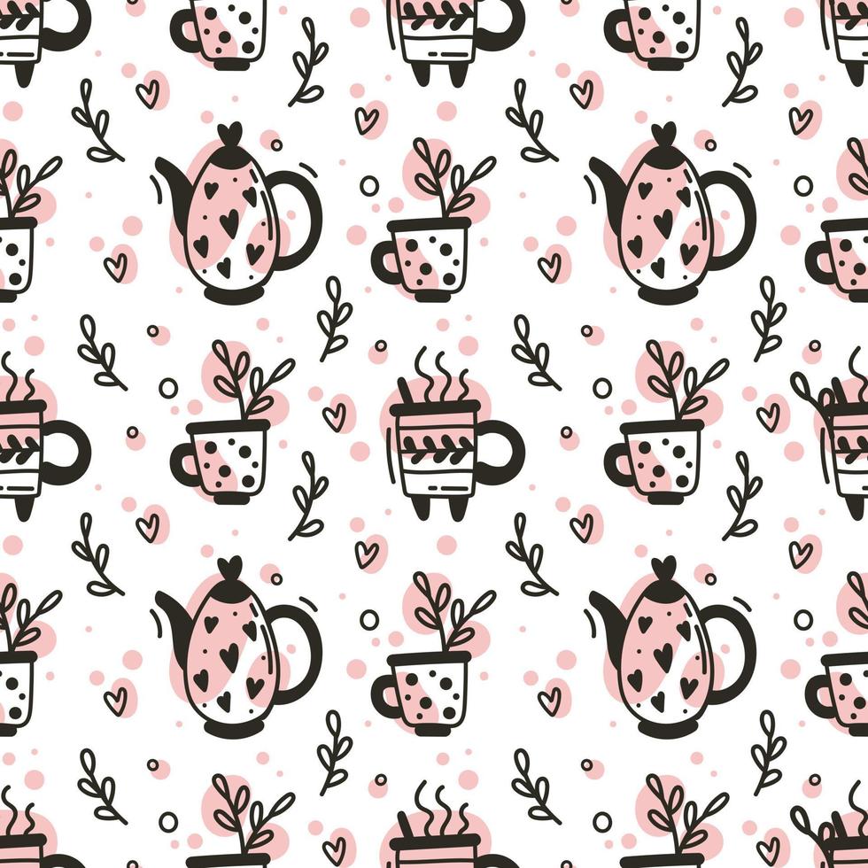 Seamless pattern with cups, teapots, coffee and tea kitchenware. Doodle style hand drawn illustration for menu design and wrapping paper. vector