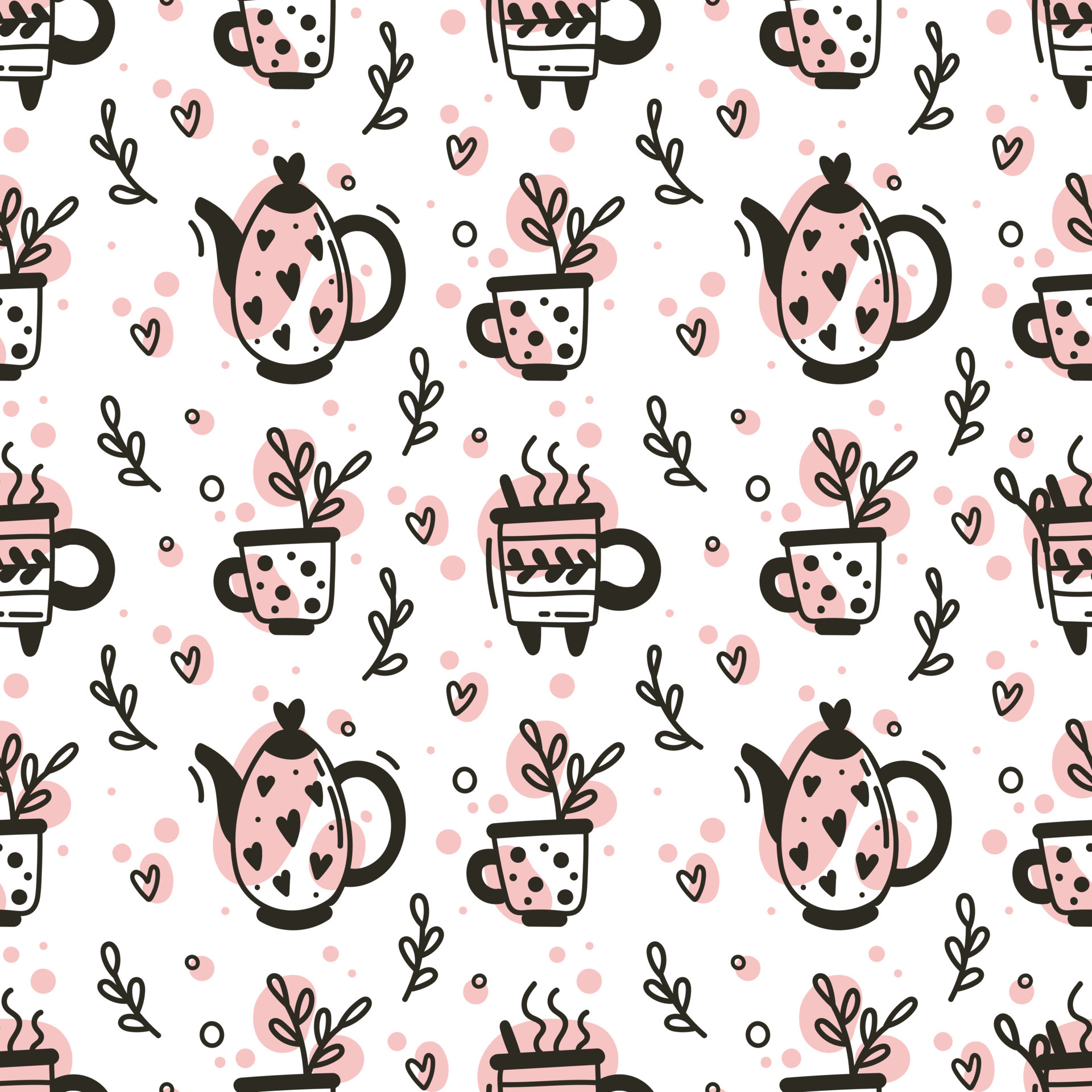Seamless pattern with cups, teapots, coffee and tea kitchenware. Doodle