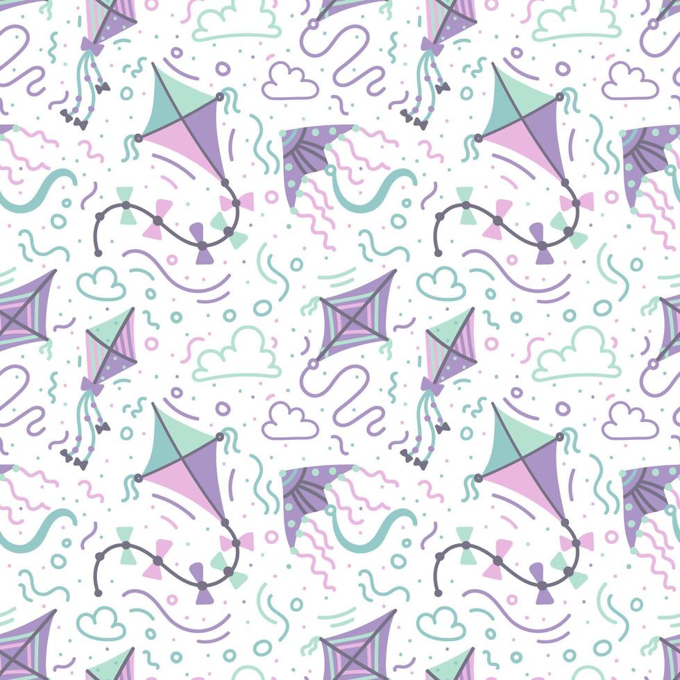 Kites and clouds doodle illustration. Hand drawn kids pastel colors seamless pattern.  Cute background for Kids decor, wallpaper, wrapper, textile, fabric, packaging vector