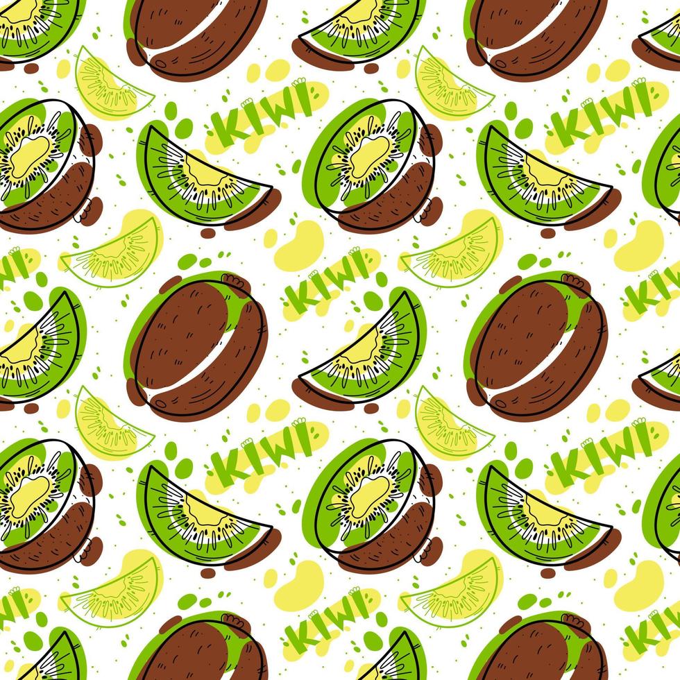 Doodle kiwi seamless pattern. Cute colorful background texture for kitchen wallpaper, textile, fabric, menu design. Bright juicy fruits and hand written lettering isolated on white background vector