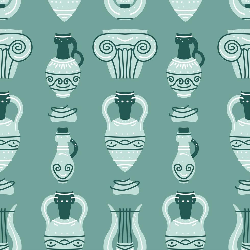 Seamless pattern with ancient Greek vases, amphoras and ancient column vector
