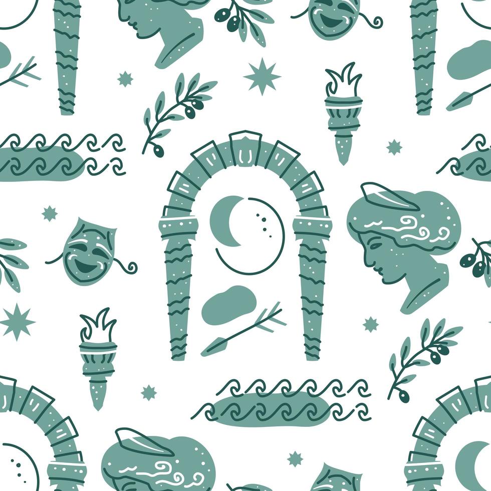 Seamless pattern with antique statue of woman, arch, meander, olive vector