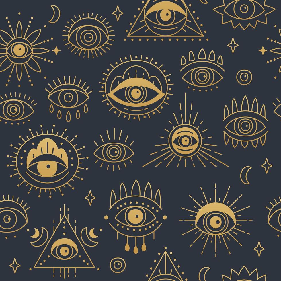 Gold Evil doodle eye seamless pattern design. Hand drawn witchcraft eye talisman vector