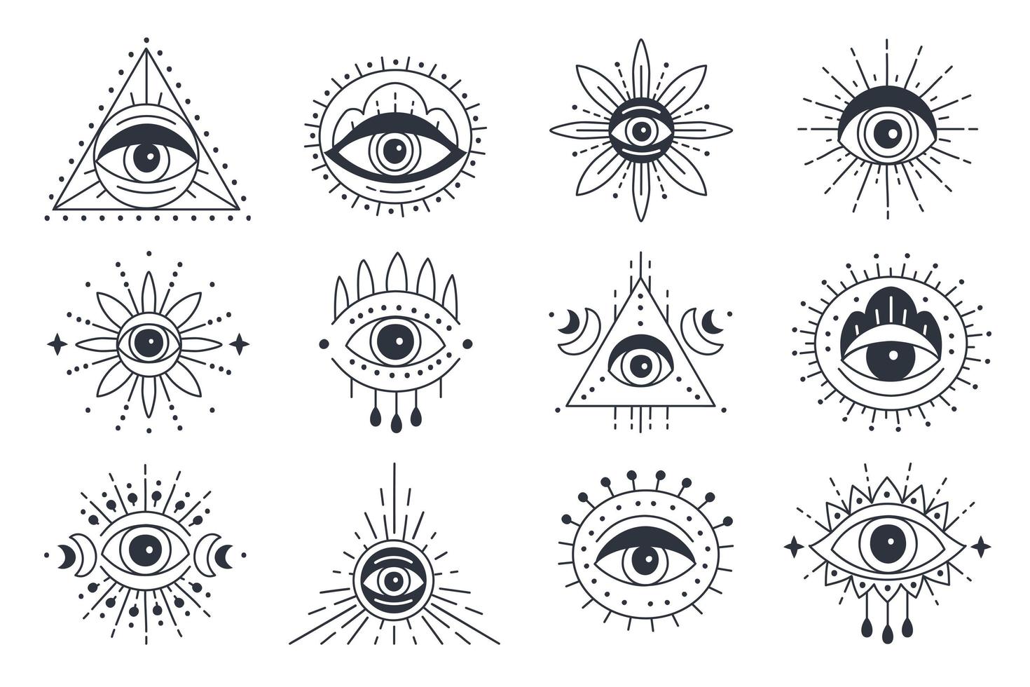Evil magical doodle eye set in a trending minimal linear style vector