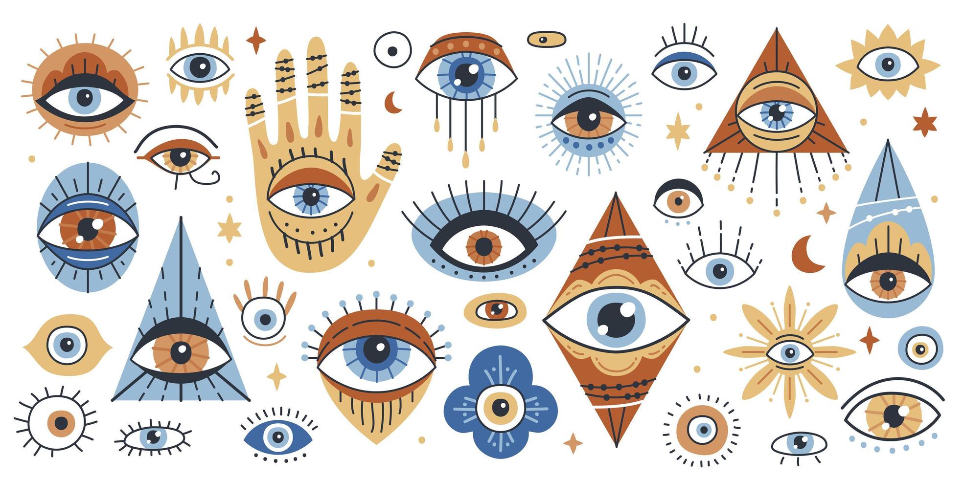 Evil Eye, Hamsa, Hand of Fatima. Set of eye different shapes. vector