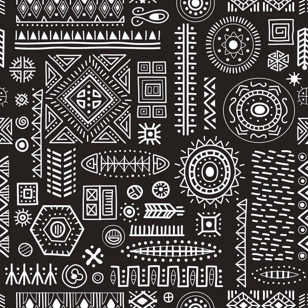 Black and white seamless background African tribal geometric shapes pattern. vector