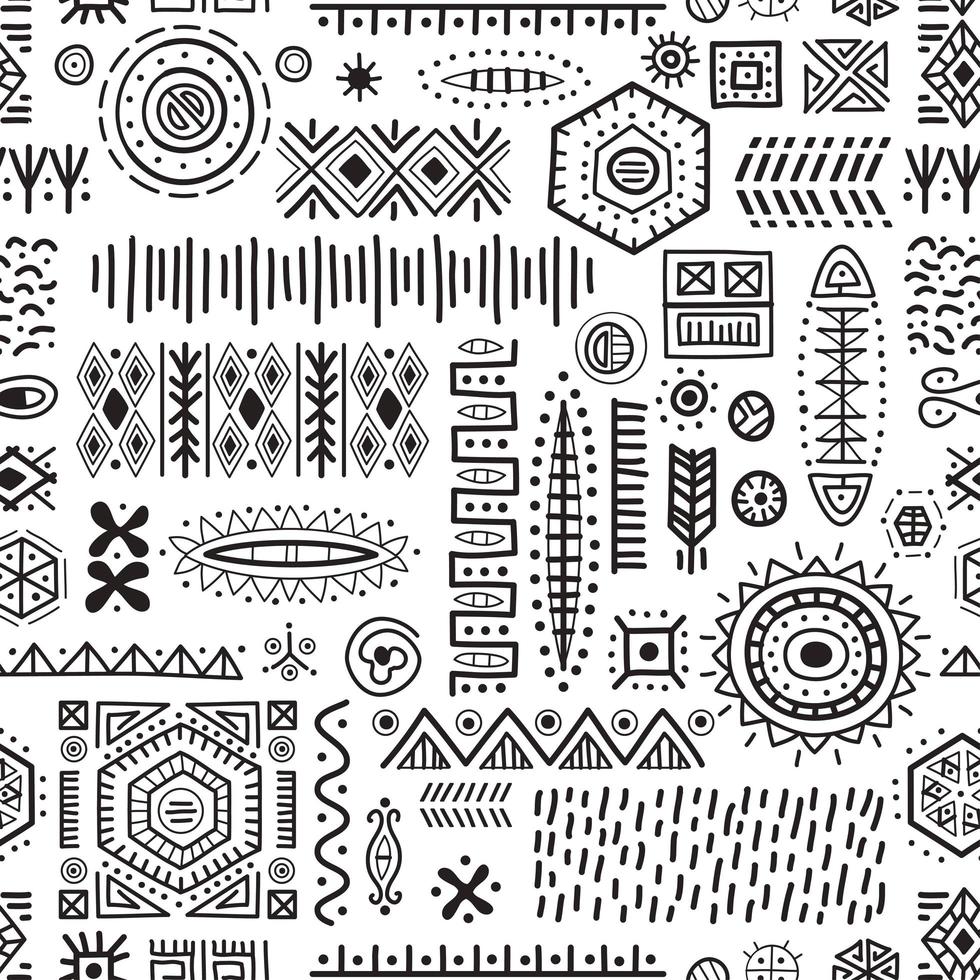 Black and white seamless background African tribal geometric shapes pattern. vector