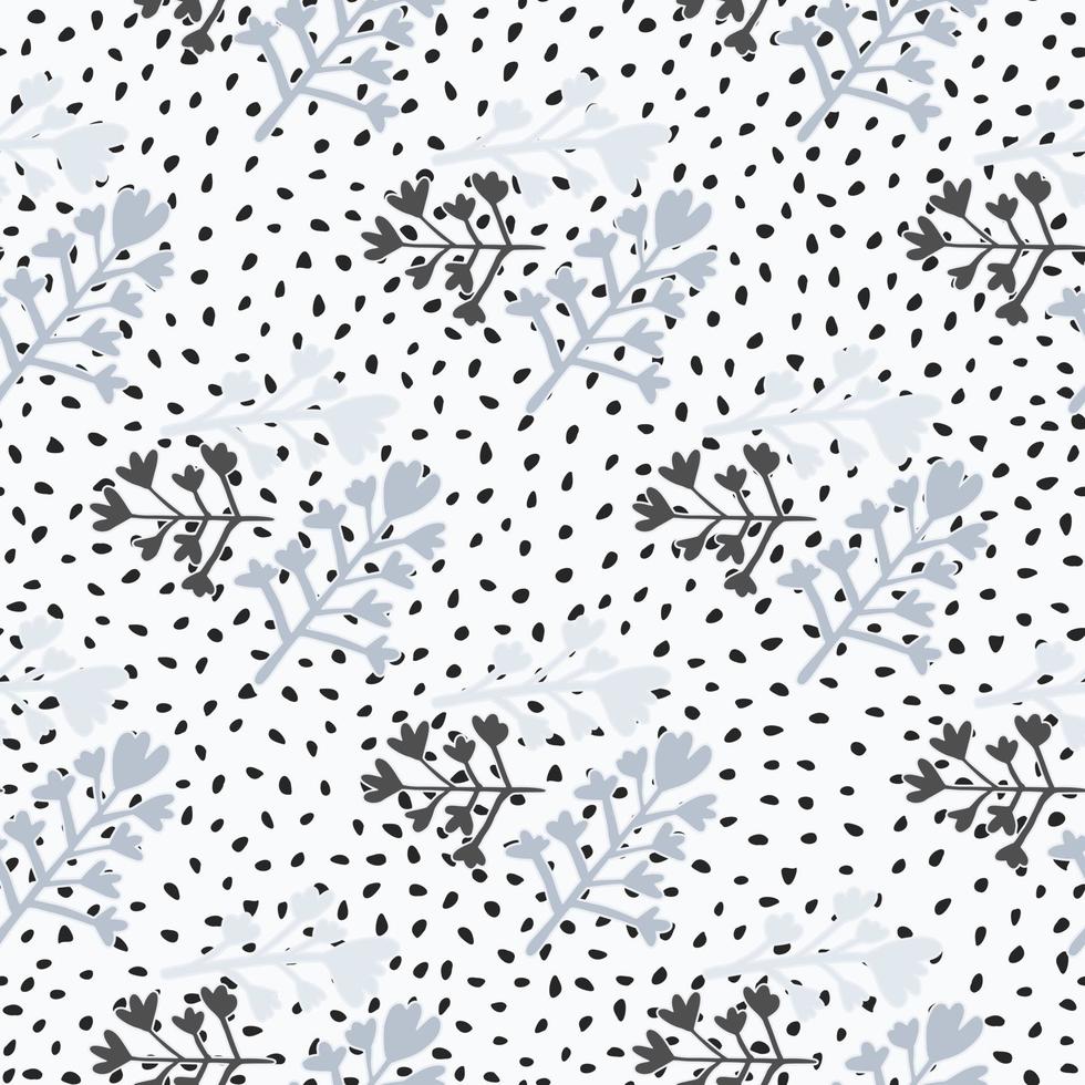 Doodle floral seamless pattern with blue tones flower branches shapes ornament. White background with dots. vector
